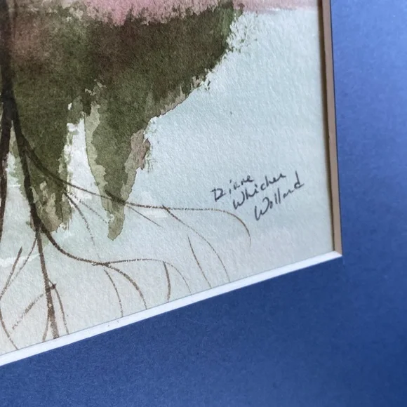 ORIGINAL SIGNED WATERCOLOR LANDSCAPE PINE TREE SNOW BANK LAKE REFLECTION MATTED